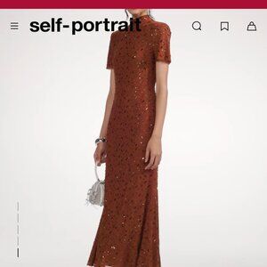 Self-Portrait Brown Square Rhinestone Mesh Midi Dress